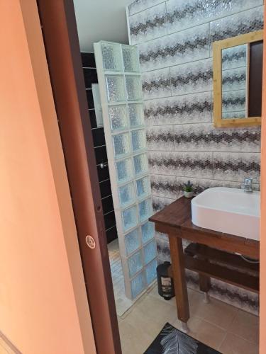 une salle de bain avec un lavabo et un miroir dans l'établissement TI CASE TRANQU'ILE OTE !, à Saint-Pierre