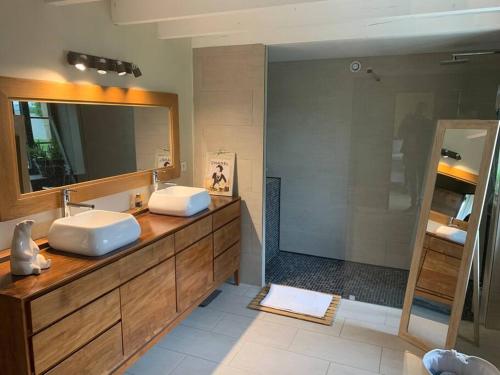 a bathroom with two sinks and a large mirror at Demeure charentaise Standing - Grande Piscine - jacuzzi balnéo - Pool house in Barbezieux-Saint-Hilaire