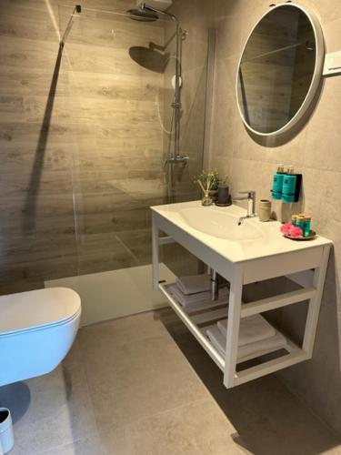 a bathroom with a sink and a toilet and a mirror at Apartments Tenerifa in Novigrad Istria