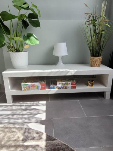 a white shelf with two potted plants on it at Apartament Wałowa in Wejherowo