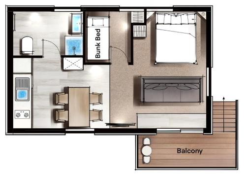 a floor plan of a small apartment at Akaroa Top 10 Holiday Park in Akaroa