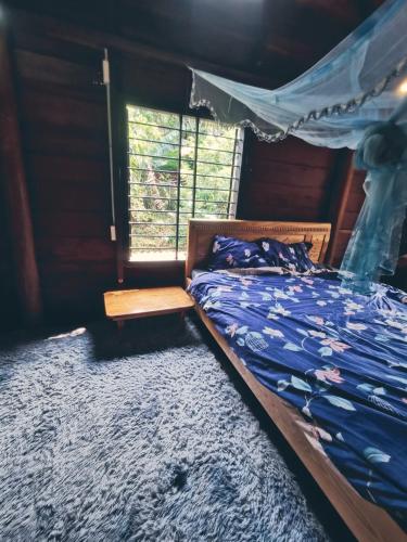 ein Schlafzimmer mit einem Bett mit blauer Decke und einem Fenster in der Unterkunft Lily's Stone Garden Dorm room 