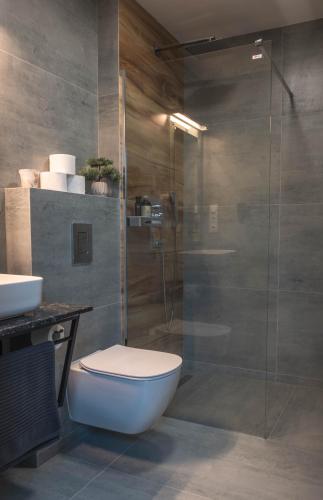 a bathroom with a toilet and a glass shower at Veltlin Bed & Wine in Valtice