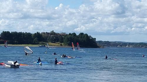 a group of people in the water with sail boats at Langeby Camping in Sandefjord
