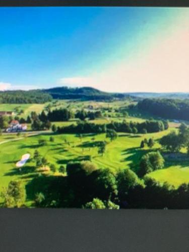 una vista aérea de un campo de golf con árboles en Apartment Talblick en Kandern