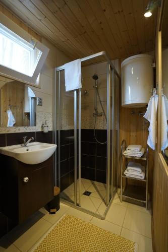 W łazience znajduje się prysznic i umywalka. w obiekcie Sosnowy Zakątek - domek wakacyjny nad jeziorem w lesie w mieście Tuczno