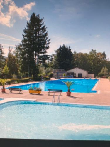 una gran piscina con agua azul y bancos en Apartment Talblick, en Kandern