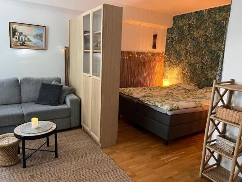 a living room with a couch and a bed at Cityflat Saimaa in Lappeenranta