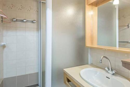 une salle de bain avec un lavabo, une douche et un miroir dans l'établissement Charmant studio + jardin vue pistes et local velo, à Praz-sur-Arly