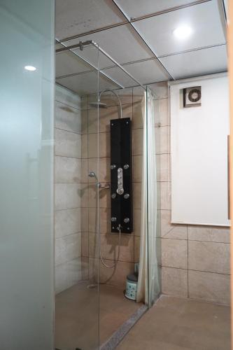 a bathroom with a shower stall with a shower at THE KALINGA INN in Rohtak