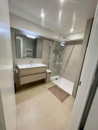 une salle de bain avec un lavabo et une douche dans l'établissement Casa Di Lucianu, à Casaglione