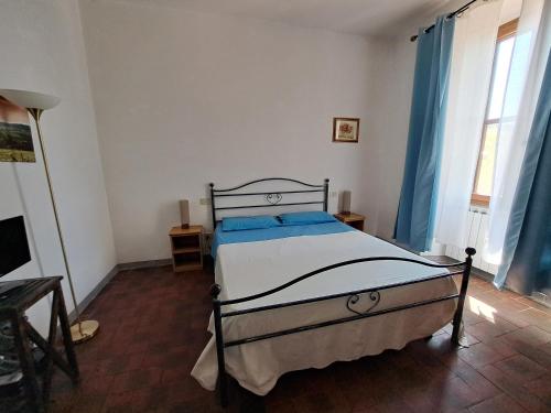 um quarto com uma cama num quarto com cortinas azuis em Agriturismo Poggio all'Olmo em Greve in Chianti