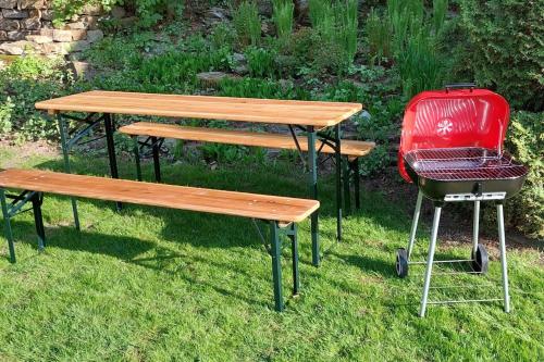 a picnic table and a red chair next to a grill at Apartmán Budín - v klidu přírody, s parkováním in Nové Město nad Metují