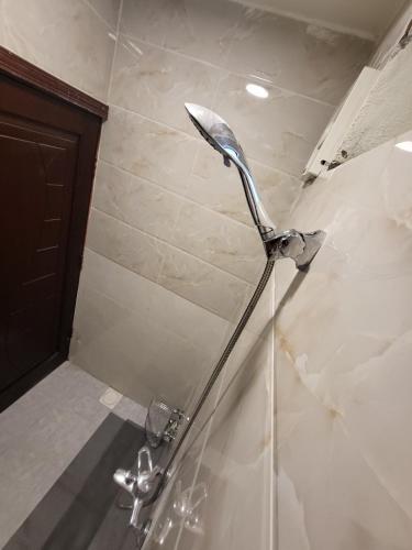 a shower with a shower head in a bathroom at Traveler Rooms in Medina