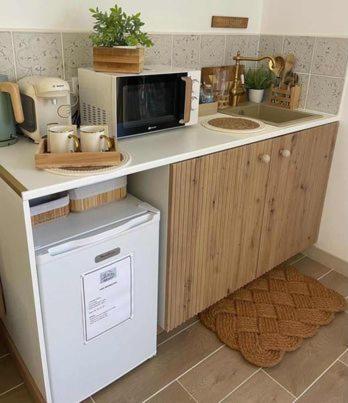 une petite cuisine avec un micro-ondes et un réfrigérateur dans l'établissement LOVER'S ROOM TROPIC, à Verton
