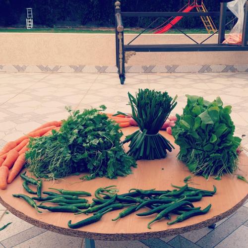 a bunch of vegetables sitting on a table at مزرعة الفهد in Al Ḩazm