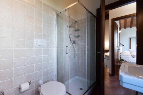 a bathroom with a shower and a toilet and a sink at AffittiBreviSiena - Palazzo Monaci Appartamento con piscina nelle crete Senesi in Asciano