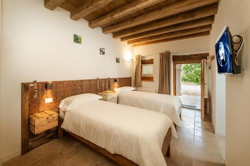 a bedroom with two beds and a tv in a room at Agriturismo Il Bosco Camere in Vittorio Veneto