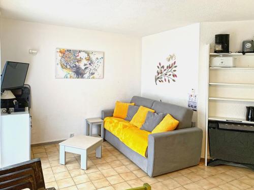 - un salon avec un canapé gris et des oreillers jaunes dans l'établissement Le Vallon des Sources, à Digne-Les-Bains