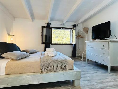 een slaapkamer met een bed, een tv en een dressoir bij B&B Badde Tale in Ossi