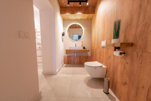 ファガラシュにあるThe Public Aparthotel 2のバスルーム(白いトイレ、鏡付)