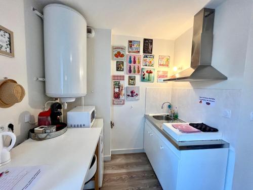 a kitchen with a sink and a counter top at Le Cosy, accès terrasse de l'établissement in Rives