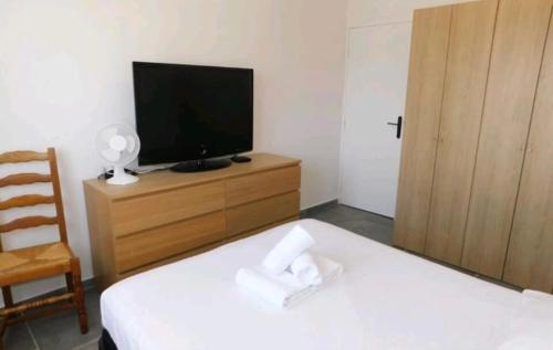 a room with two beds and a tv and a chair at Stunning T4 Musardière in Antibes