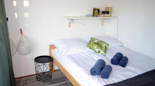 uma cama com almofadas azuis num quarto em Osada Solasu em Złoty Stok