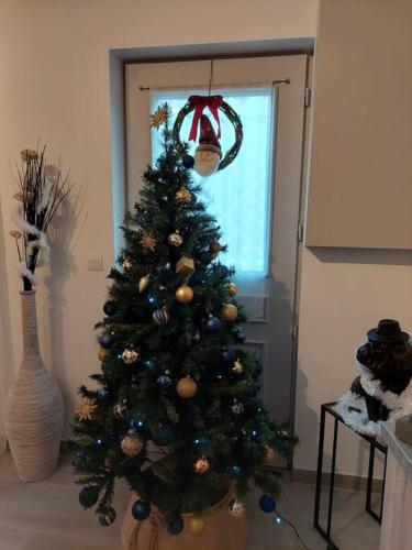 a christmas tree in front of a door with areath at Superbe gite familial pour 10 personnes à Gizeux in Gizeux