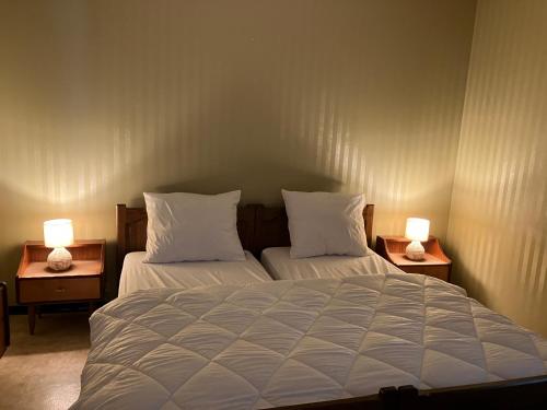 sypialnia z 2 łóżkami i 2 lampkami na stołach w obiekcie Bungalow Rochehaut au calme w mieście Rochehaut