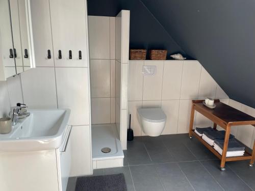een kleine badkamer met een wastafel en een toilet bij Landhaus im Bremischen in Hagen im Bremischen