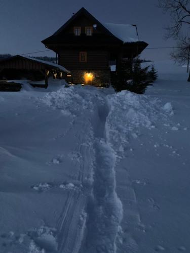 a house with a pile of snow in front of it at Chalupa Daniel in Ždiar