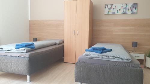 sypialnia z 2 łóżkami i szafą w obiekcie Ferienwohnung Vogtland w mieście Plauen