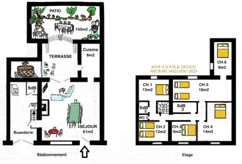 un plan d'étage d'une maison dans l'établissement GîTE-FAMILLE NOMBREUSE-SÉMINAIRE-PATIO, à Ornaisons