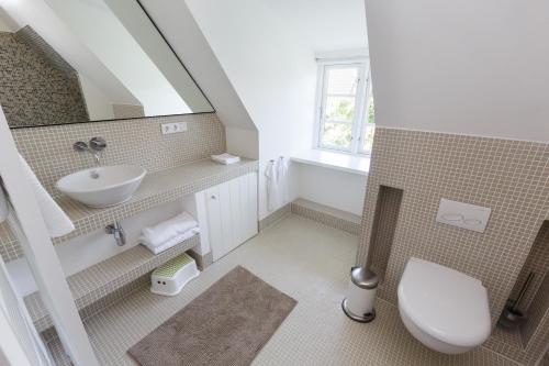 uma casa de banho com um WC, um lavatório e um espelho. em Pesel em Borgsum
