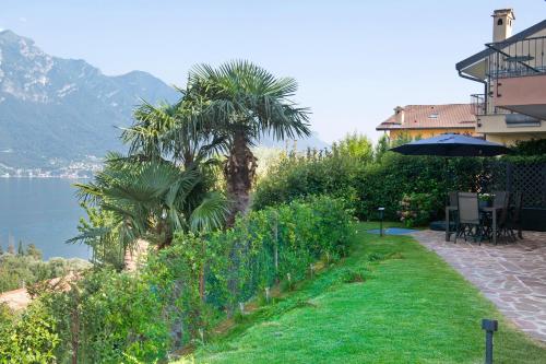 a garden with a palm tree and a house at Casa Marina Bellagio private garden in Bellagio