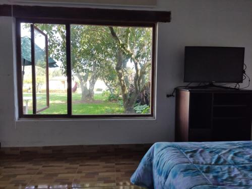 Dormitorio con ventana, cama y TV en Hakunarcoco mini suite, en Puembo