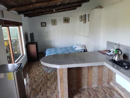 una cocina con encimera y una cama en una habitación en Hakunarcoco mini suite, en Puembo