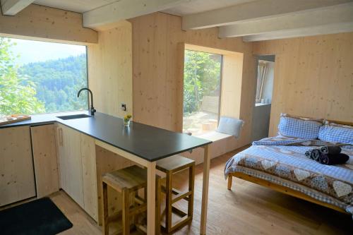 a kitchen with a table and a bed in a room at HERZLI-CHALET über dem Rheintal mit Schlossblick in Werdenberg