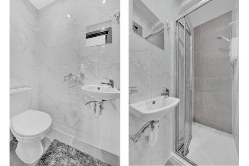 twee foto's van een badkamer met toilet en wastafel bij Inviting 1-Bed House in Feltham in Feltham