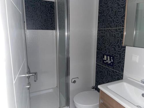 a bathroom with a shower and a toilet and a sink at Newada Residence 1+1 With Pool View in Istanbul