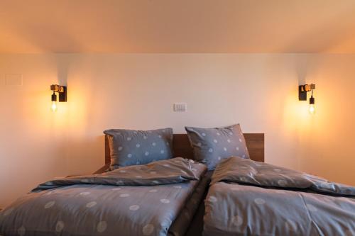 two beds sitting next to each other in a room at Apartmani PORTO in Golubac