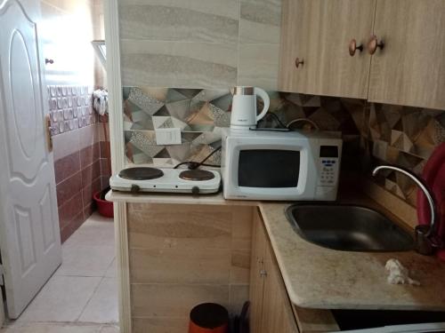 uma cozinha com um micro-ondas e um lavatório em استوديو عائلات فقط الساحل الشمالي ريتال فيو em Al Ḩammām