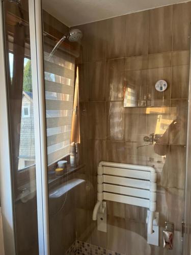 a bathroom with a shower with a glass door at Gemütliche Wohnung im Herzen vom Dorf in Mudersbach