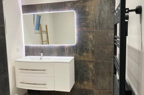 une salle de bain avec un lavabo blanc et un miroir dans l'établissement Appartement neuf dans maison, à Taradeau