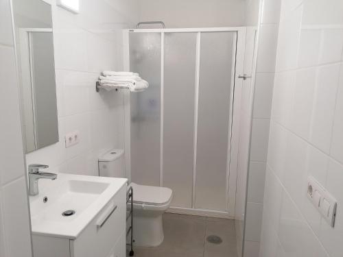 a white bathroom with a toilet and a shower at Vivienda El Remo-Vv-3 in Los Llanos de Aridane
