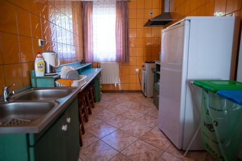 a kitchen with a sink and a refrigerator at Agroturystyka Leśna Dolina 