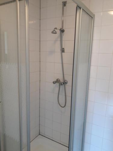 a bathroom with a shower with a glass door at Huisje Earrebarre in Tzummarum