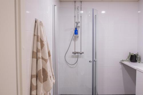 a bathroom with a shower with a shower curtain at Snowflake Suites I in Rovaniemi