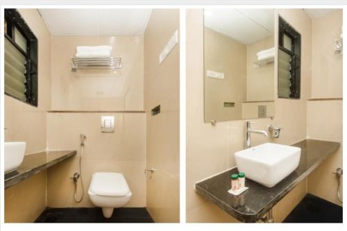 two pictures of a bathroom with a toilet and a sink at THE BEST HOTEL MUMBAI in Mumbai